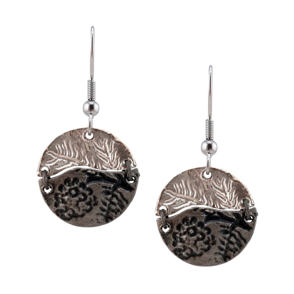 Anju Antiqued Pewter With Shiny Pewter Flower Leaves Imprint Hook Earrings - New